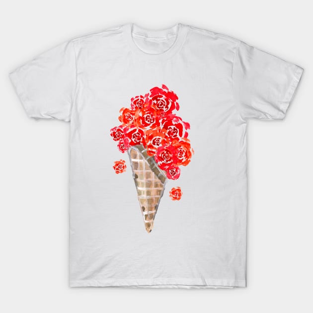 Red Roses Ice Cream Cone Waffle T-Shirt by ZeichenbloQ